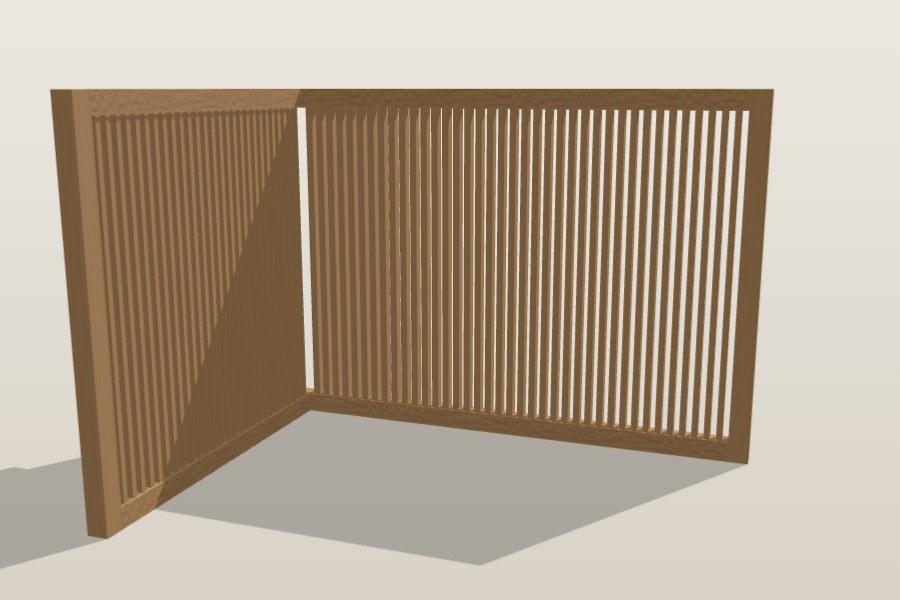 An L-shaped slat screen with box plates and posts in the 3D designer